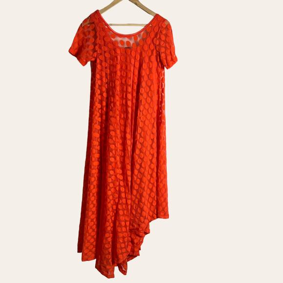 Fuzzi Short-Sleeve Asymmetric-Hem Dotted Orange Midi Dress Size L - Picture 8 of 8